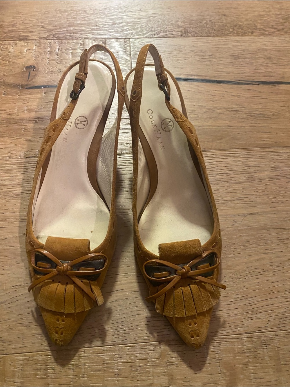Cole Haan Mustard Suede Pointed-Toe Slingback Mules with Bow & Fringe
